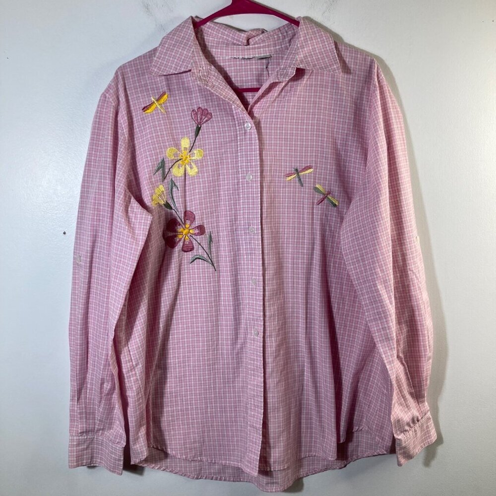 Womens Allison Daley‎ Gingham Button Shirt Long Sleeve Dragonflies M